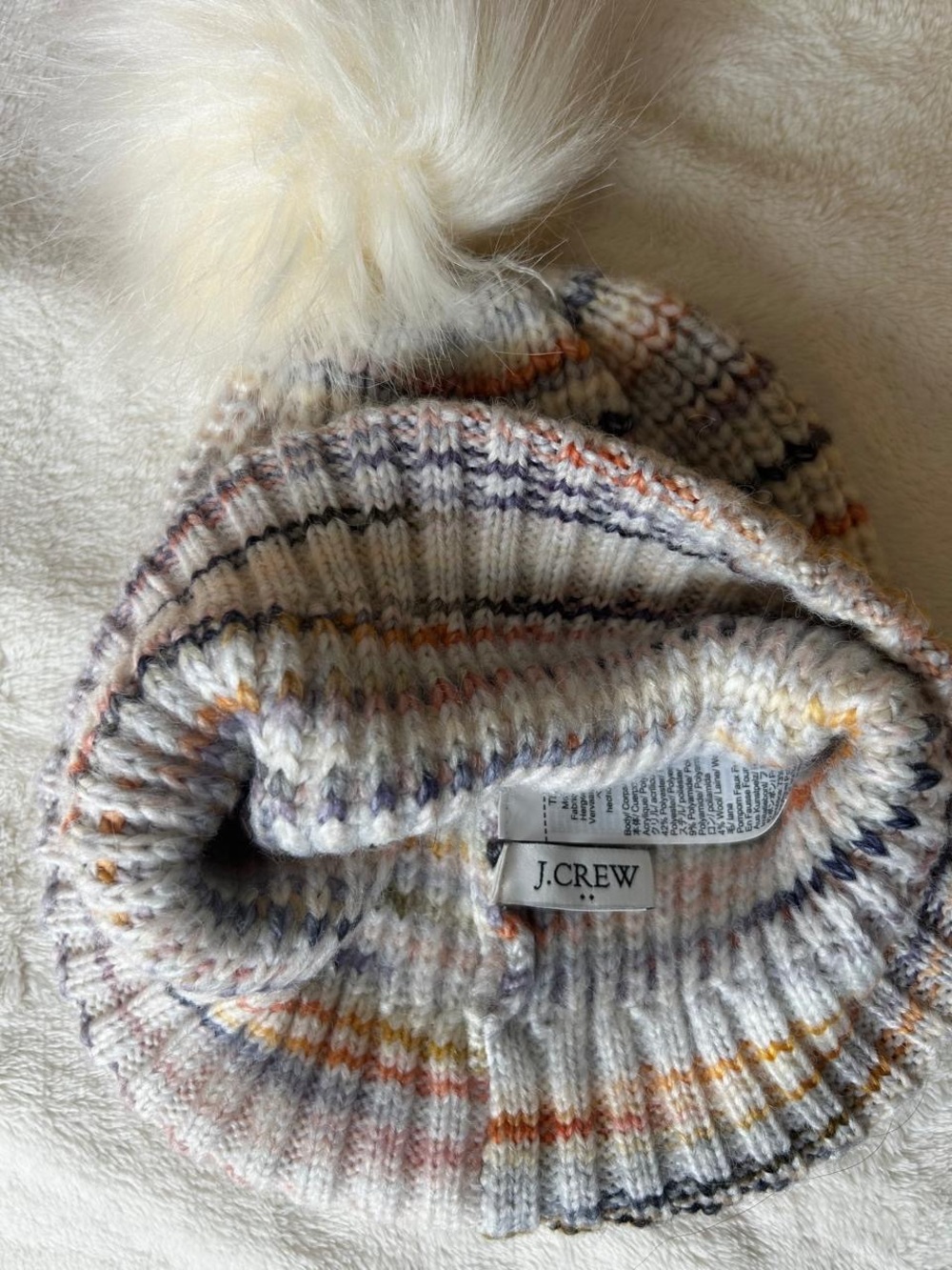 J. Crew Kids Cream Multicolor Striped Pom Beanie